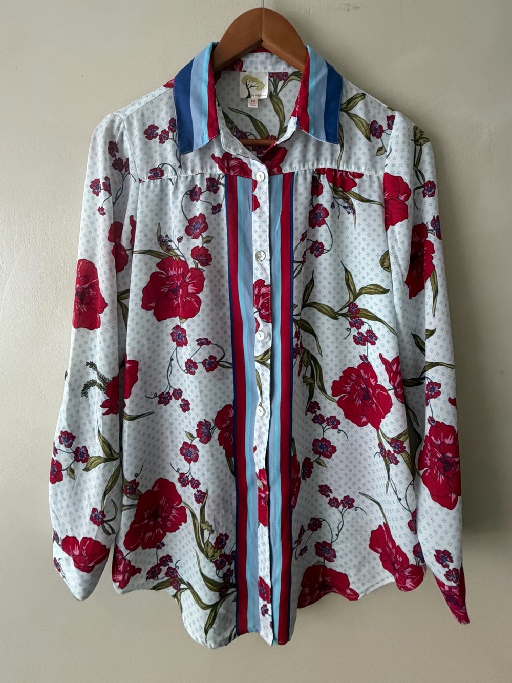 Anthropologie Women's Floral Button-Up Shirt - Red Floral on White M